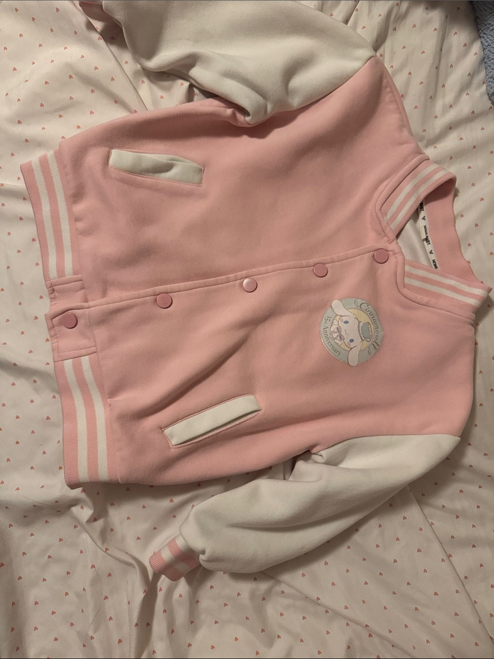 Kids Pink Baseball Jacket with White Sleeves - Cute Character Patch